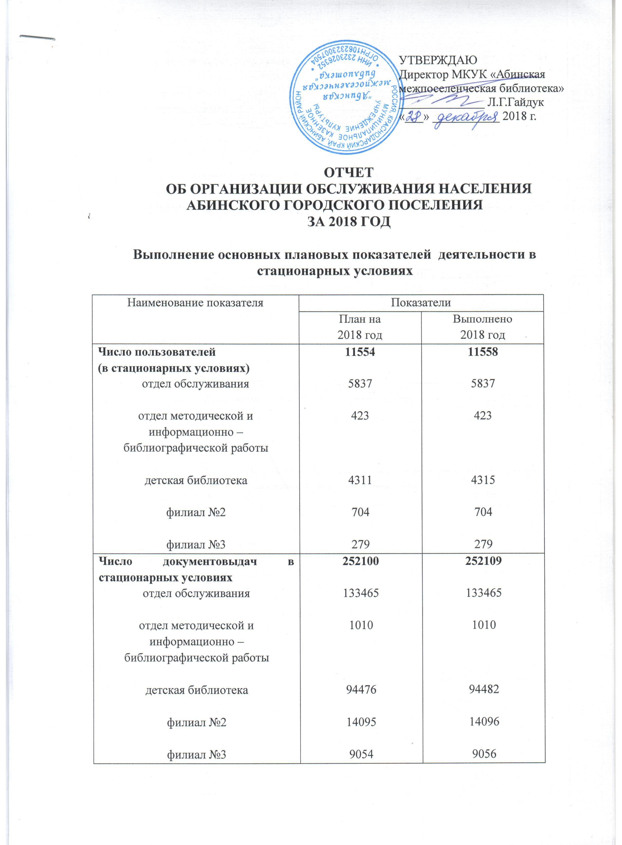 Отчет об организации обслуживания населения Абинского городского поселения за 2018 год