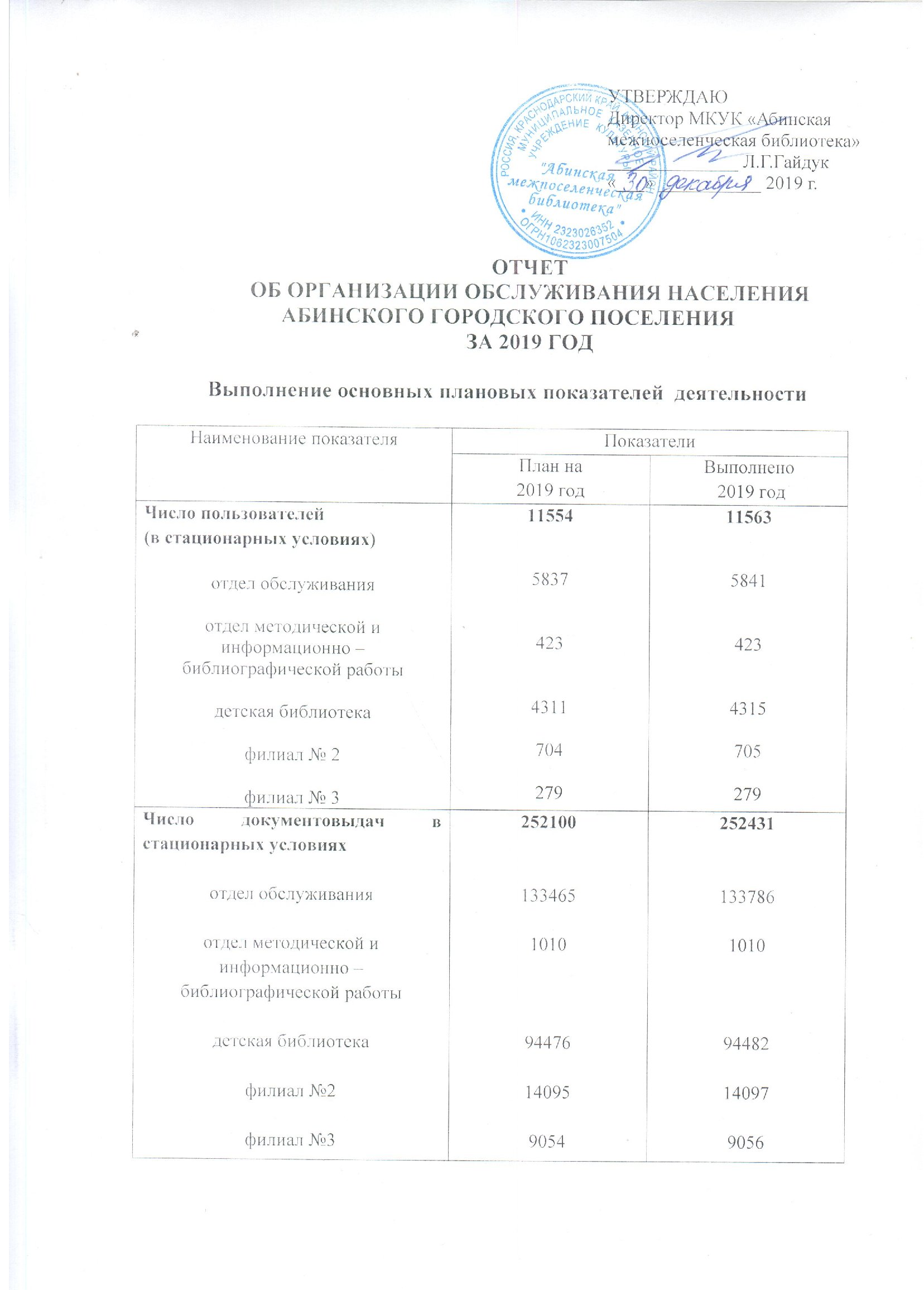 Отчет об организации обслуживания населения Абинского городского поселения за 2019 год
